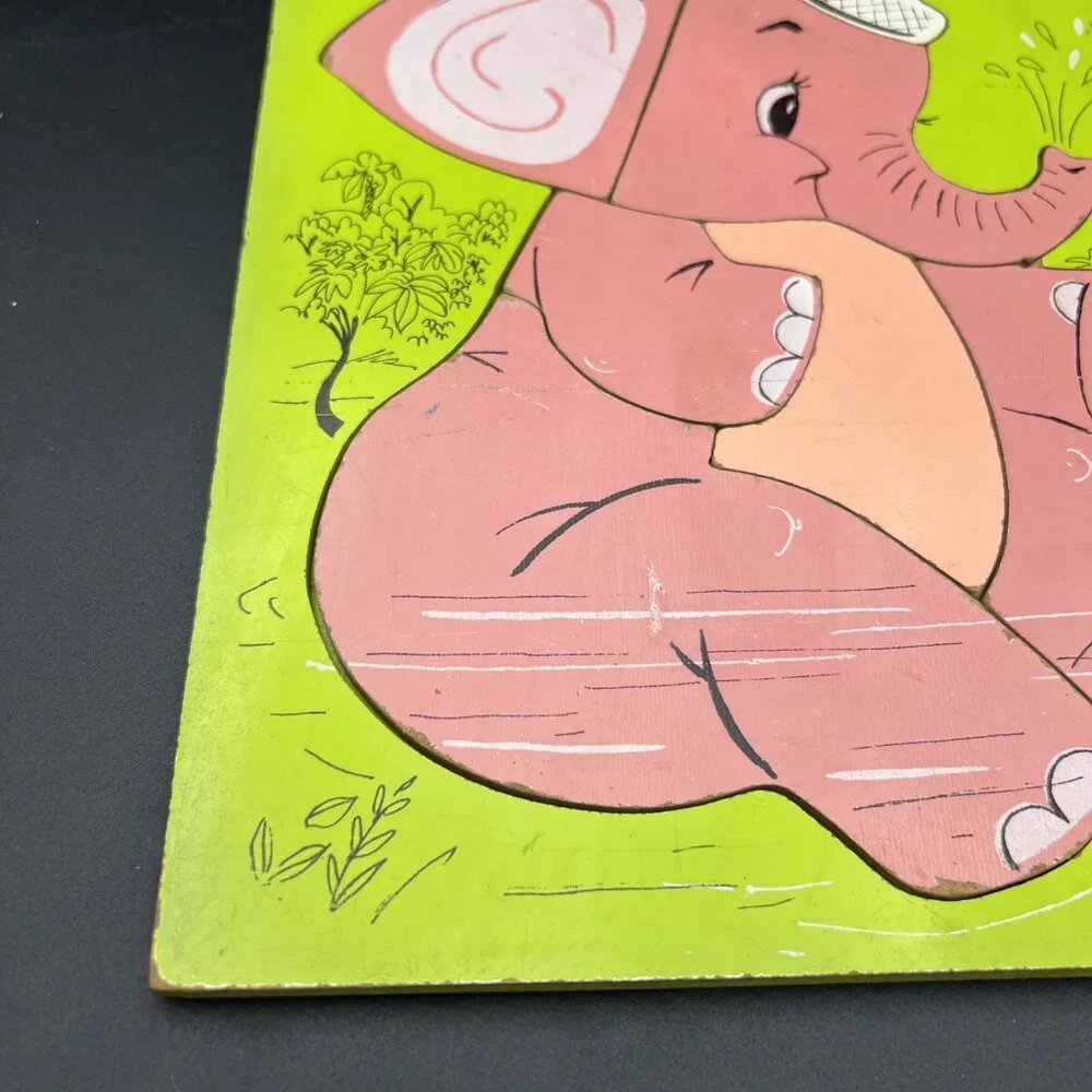 Vintage Green Playskool 275-36 Pink Elephant Wooden Puzzle